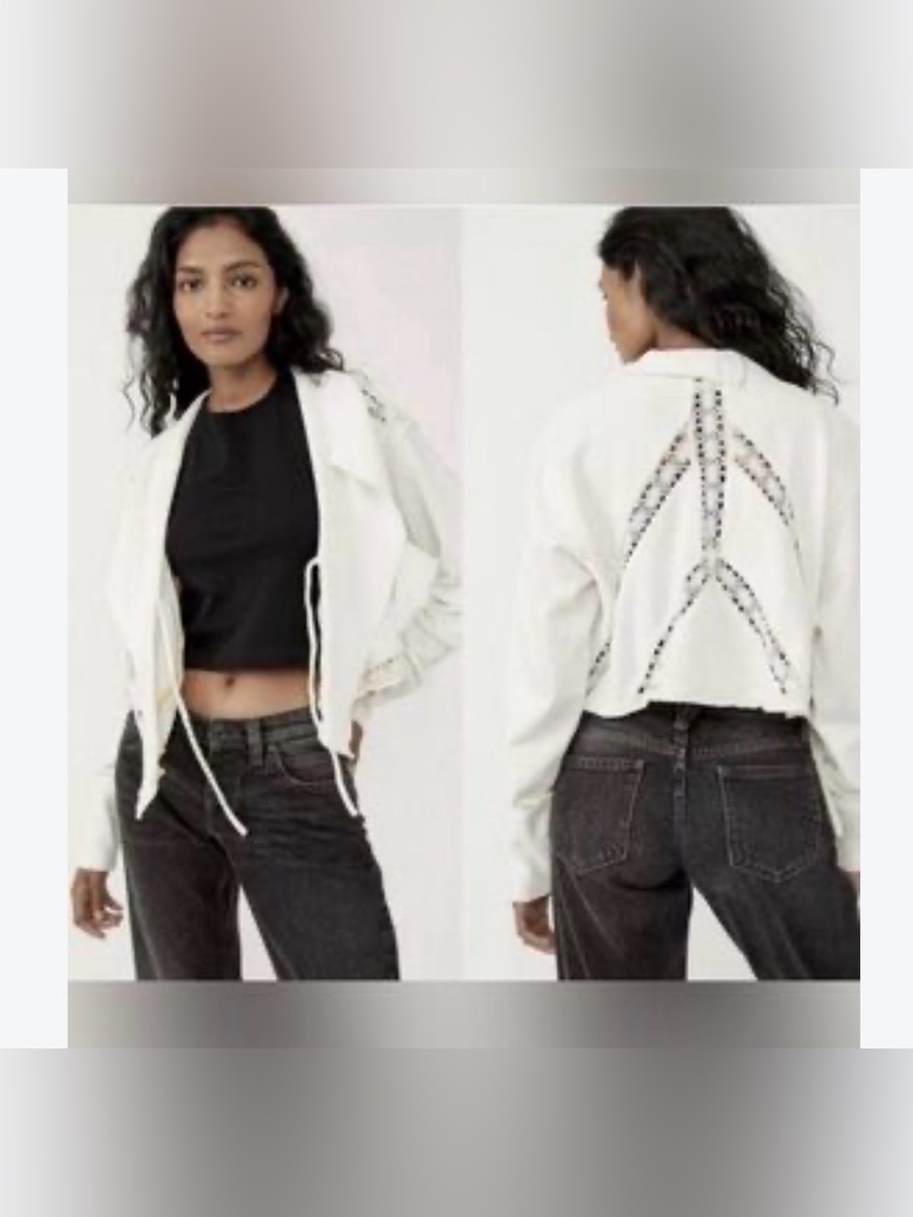 Free People White Cropped Peace-Back Embellished Jacket cardigan sweater S